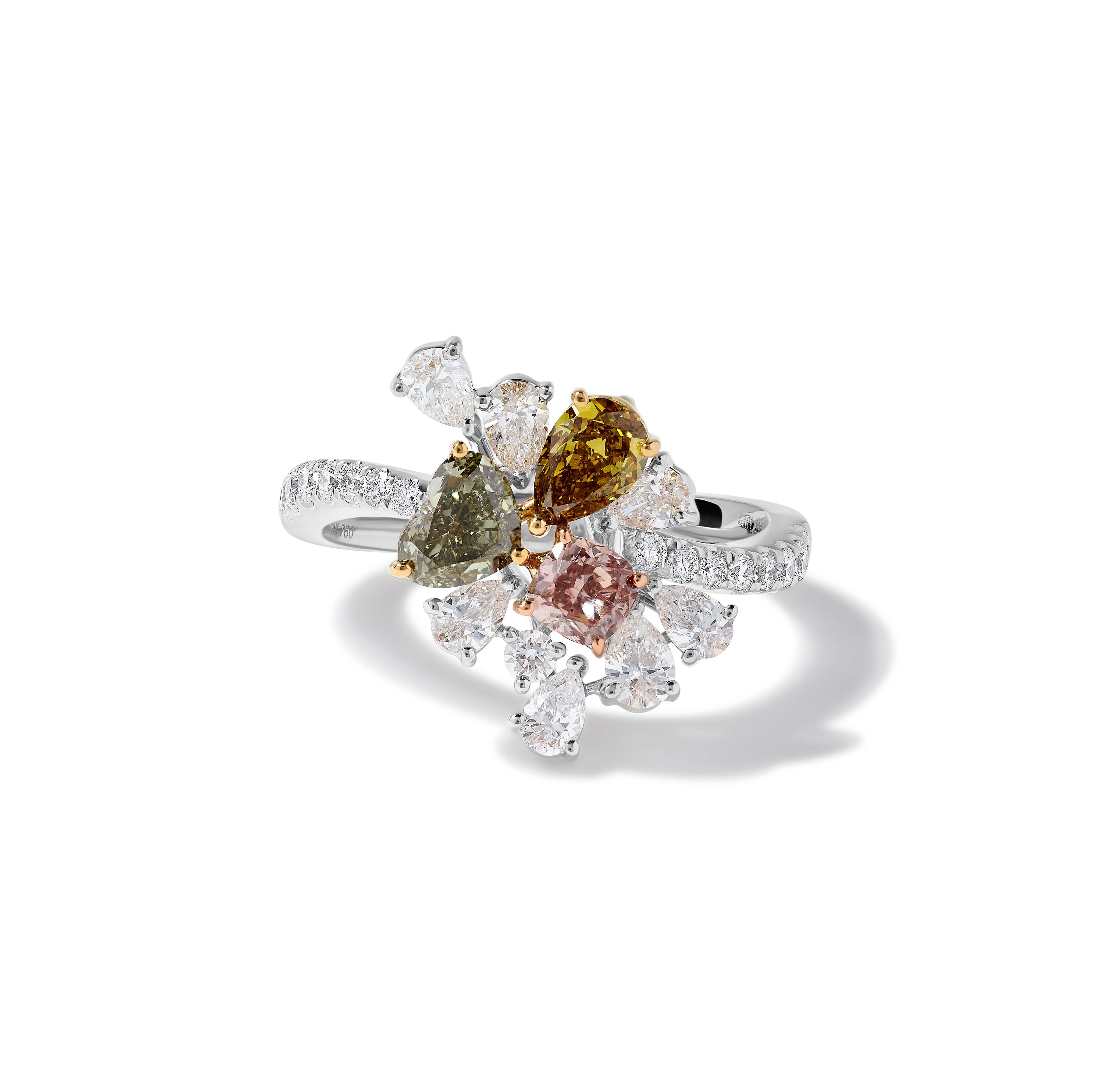 GIA Certified Natural Mix Fancy Color Diamond 2.26 Carat TW Gold Cocktail Ring