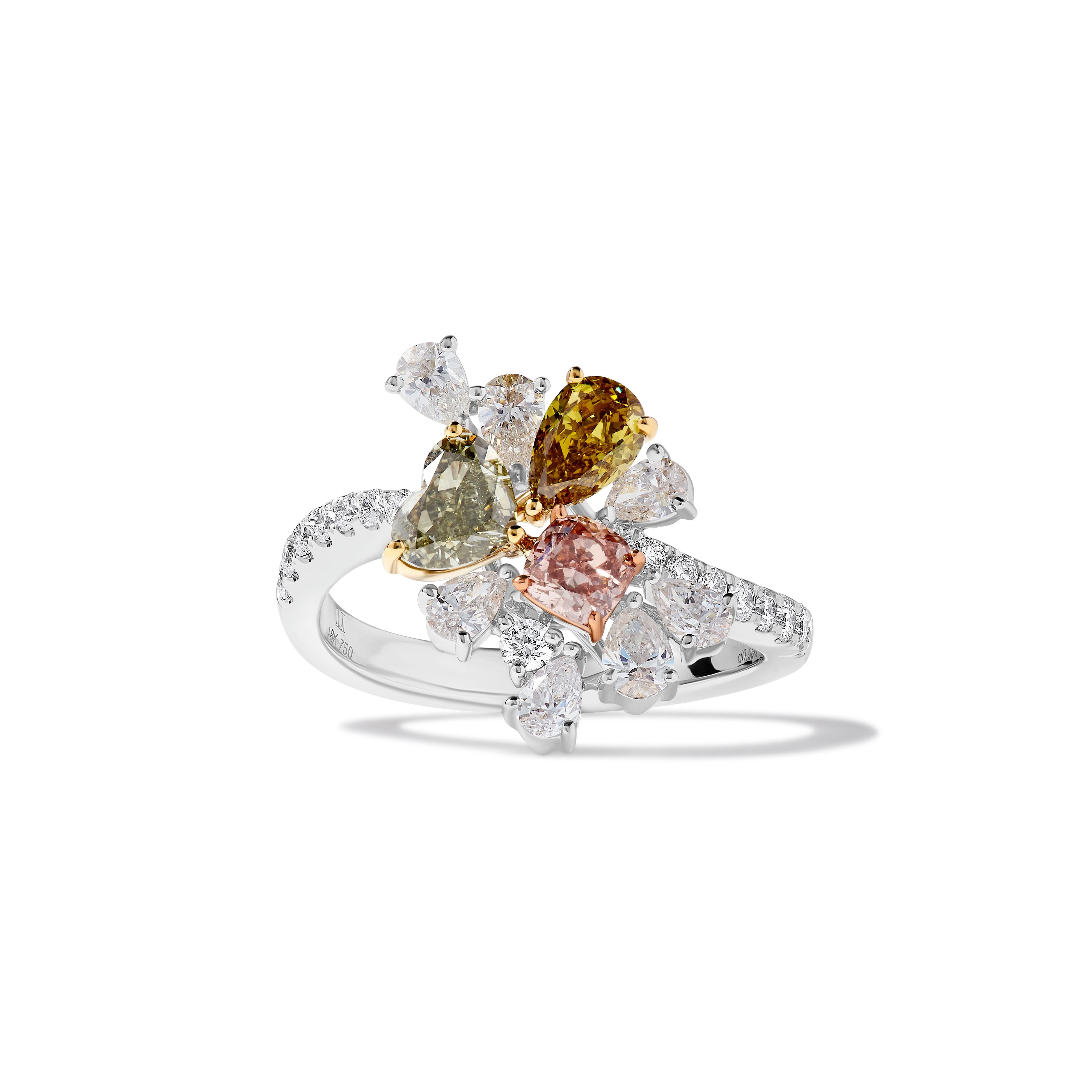 GIA Certified Natural Mix Fancy Color Diamond 2.26 Carat TW Gold Cocktail Ring