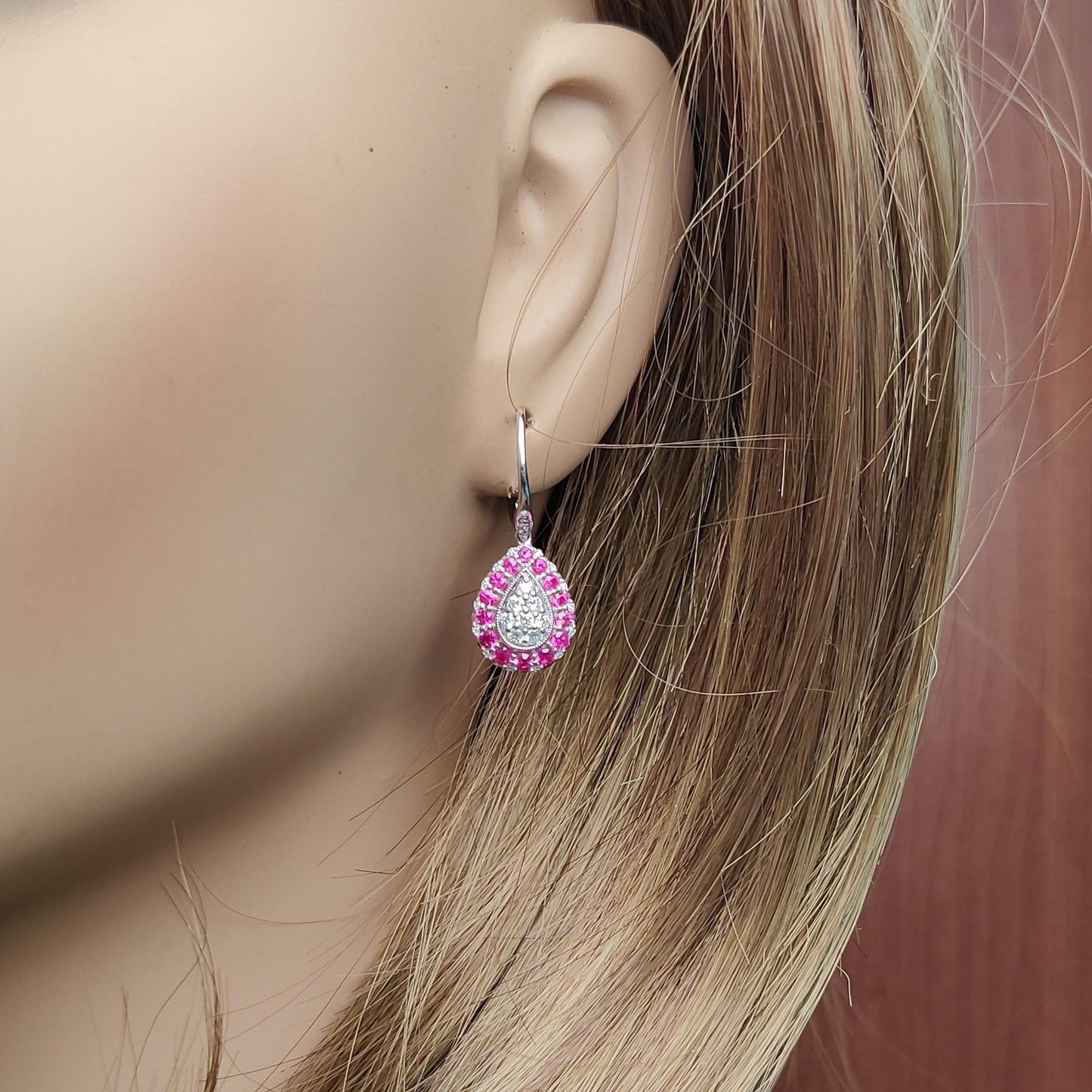 Natural Red Round Ruby and White Diamond 1.34 Carat TW White Gold Drop Earrings