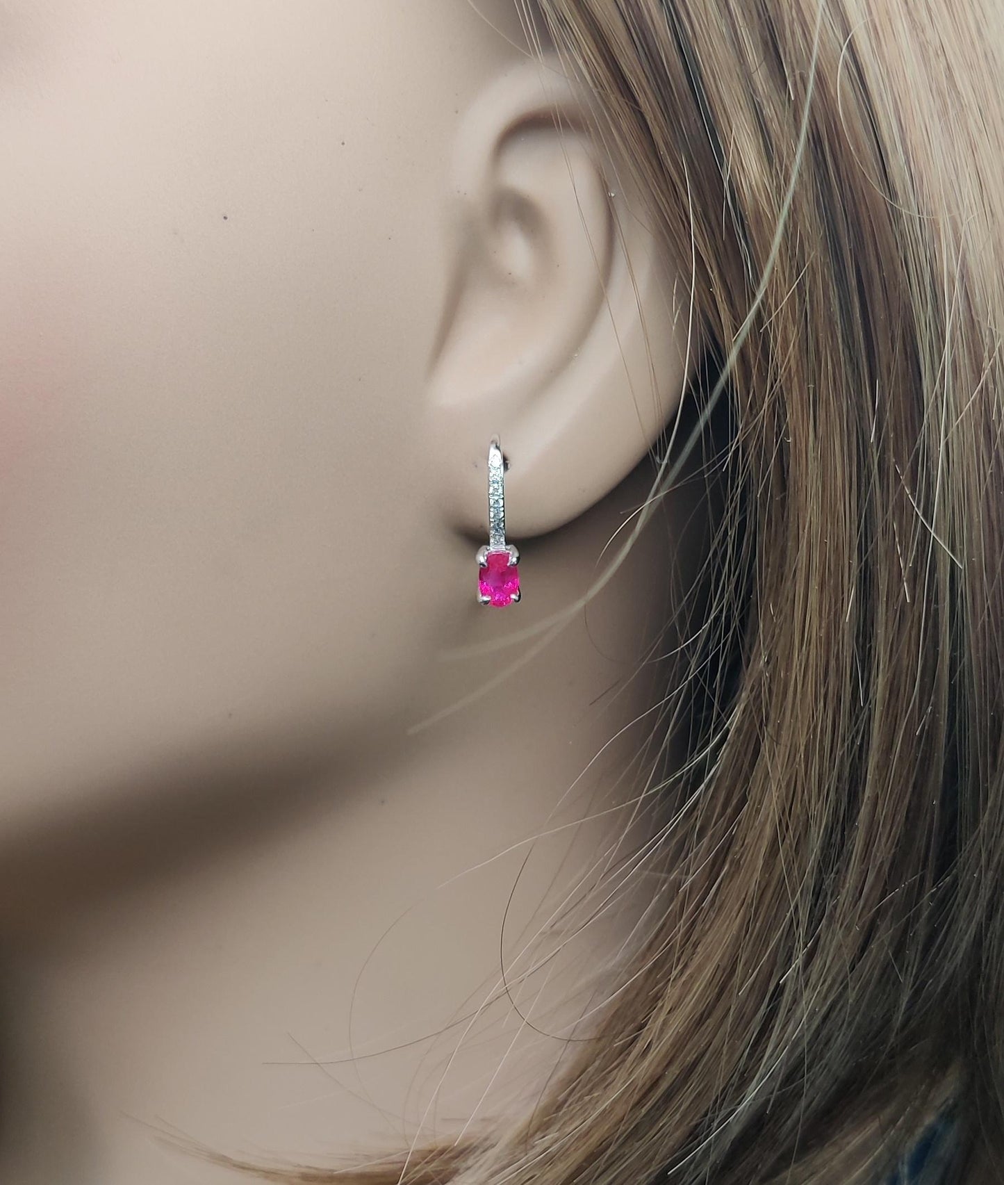 Natural Red Oval Ruby and White Diamond 1.24 Carat TW Gold Drop Earrings