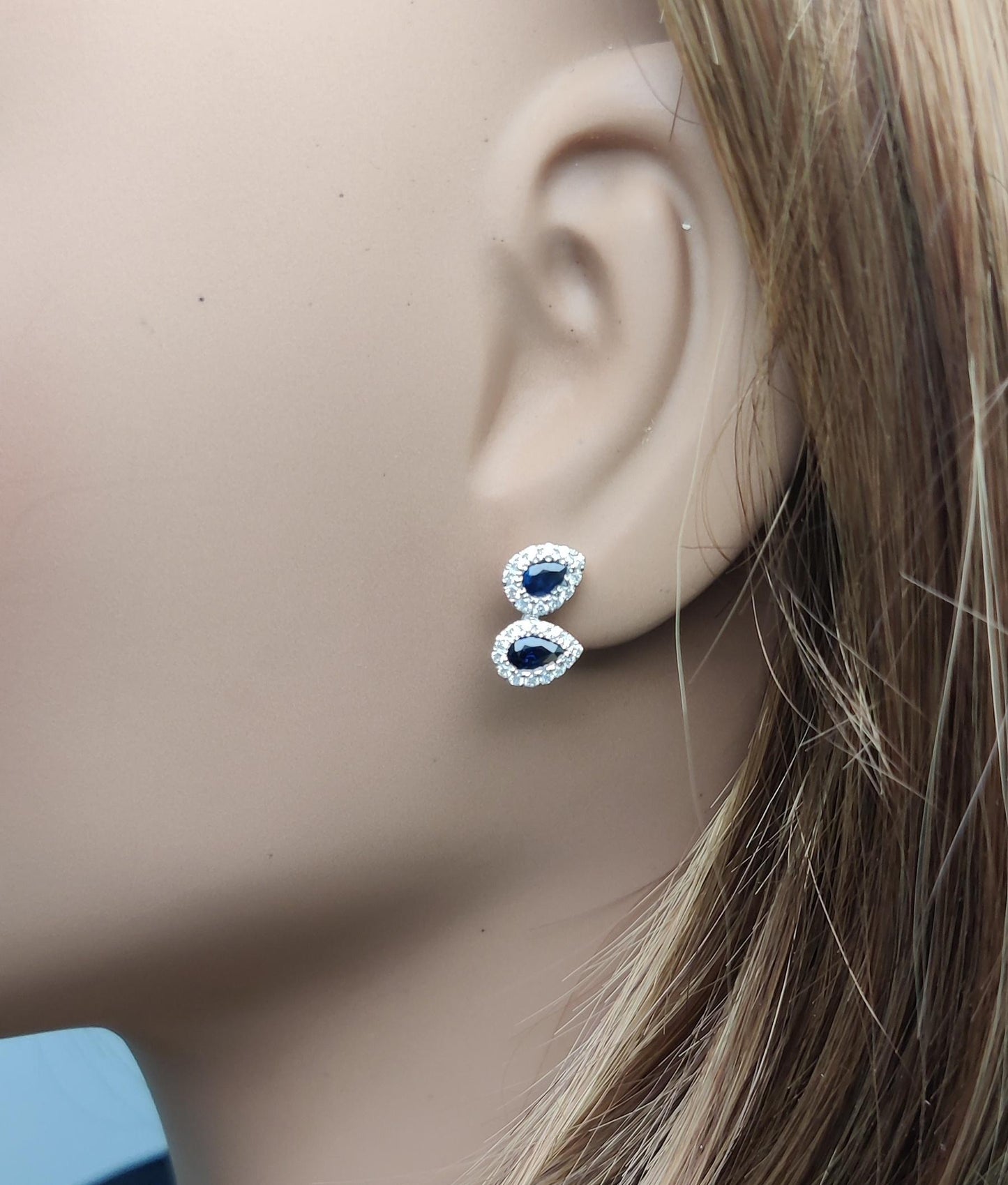 Natural Blue Pear Sapphire and White Diamond 1.33 Carat TW Gold Stud Earrings