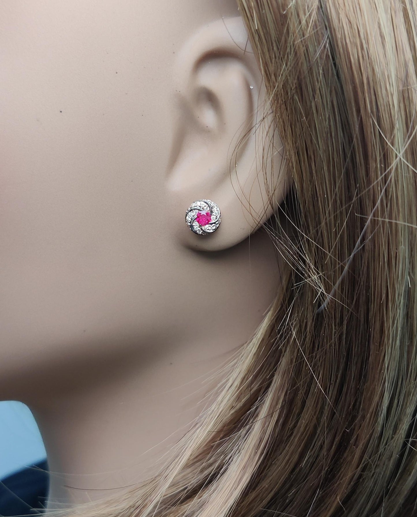 Natural Red Round Ruby and White Diamond 0.49 Carat TW Rose Gold Stud Earrings
