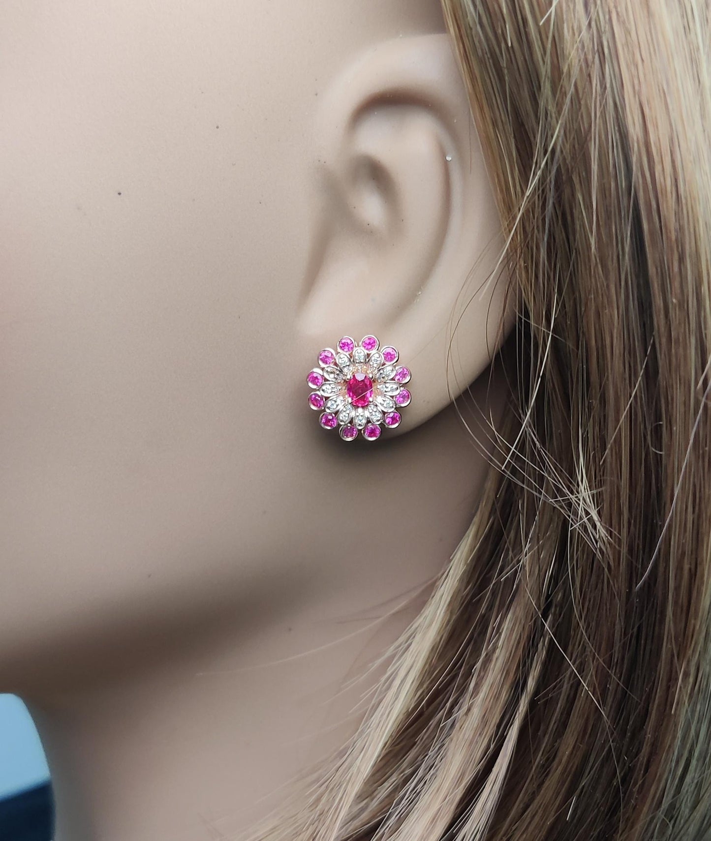 Natural Red Oval Ruby and White Diamond 1.32 Carat TW Gold Stud Earrings