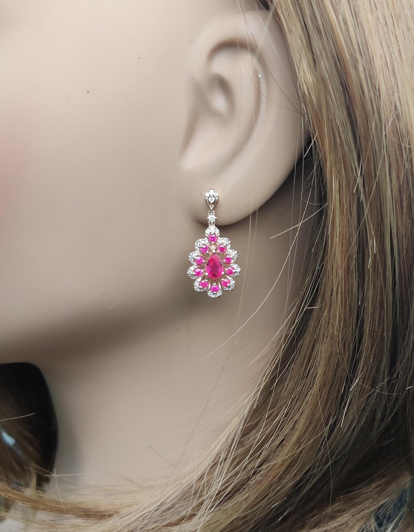 Natural Red Pear Ruby and White Diamond 1.81 Carat TW Gold Drop Earrings