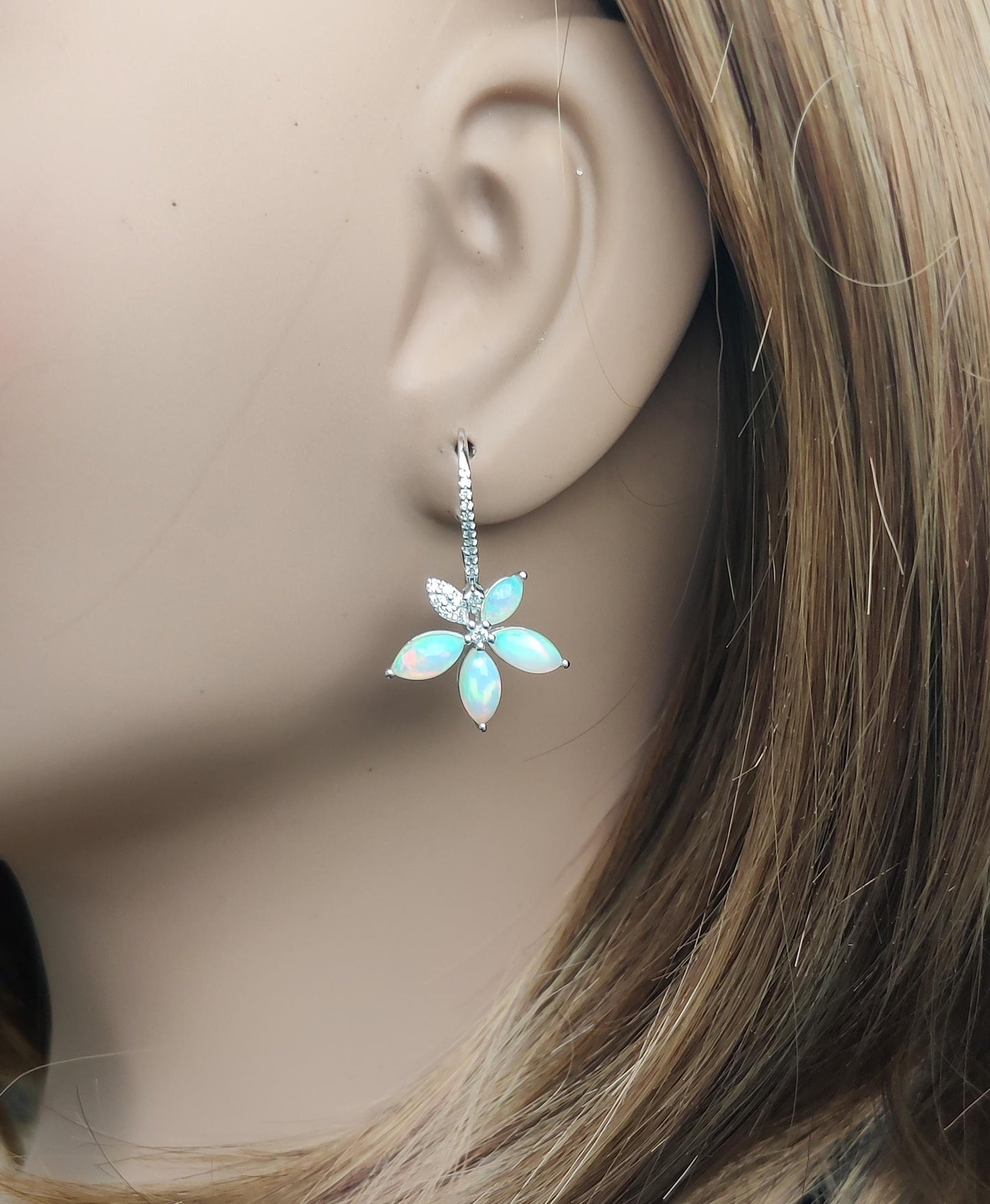 Natural Marquise Opal and White Diamond 3.81 Carat TW White Gold Drop Earrings