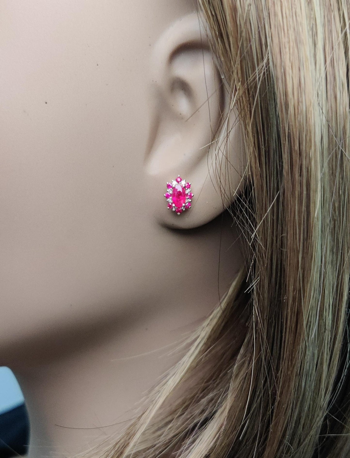 Natural Red Oval Ruby and White Diamond 0.93 Carat TW Gold Stud Earrings