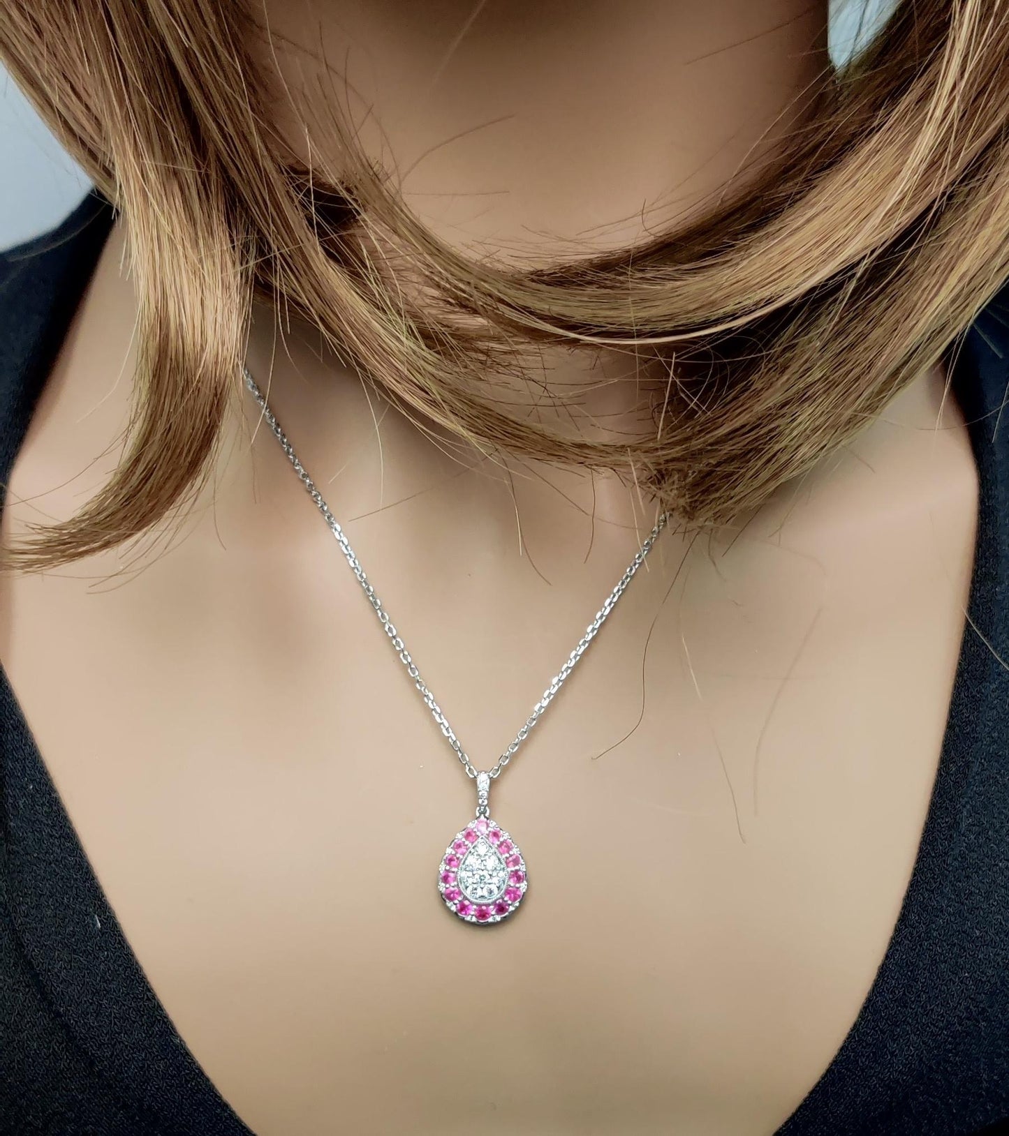 Natural Round Red Ruby and White Diamond 1.03 Carat TW Gold Drop Pendant