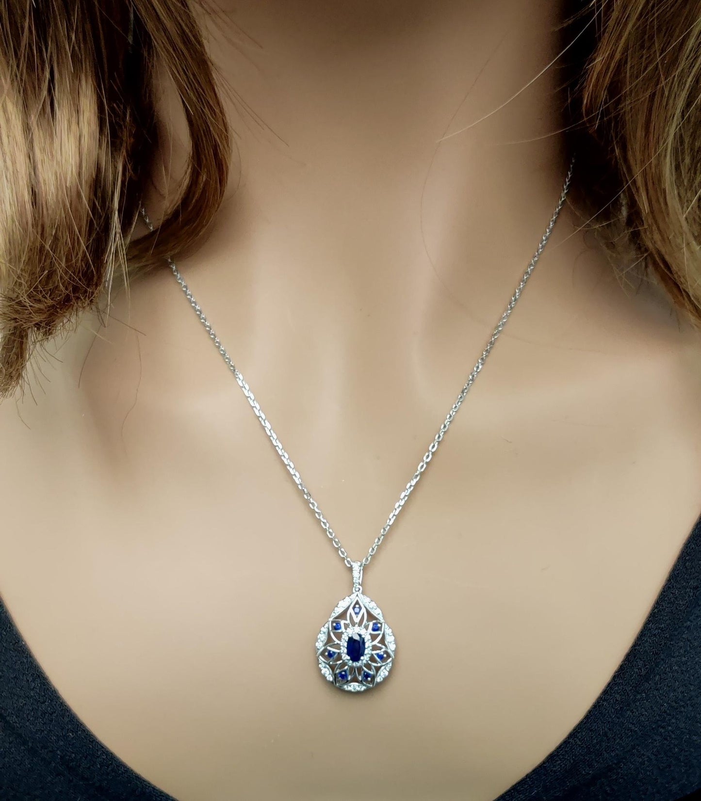 Natural Blue Oval Sapphire and White Diamond 1.08 Carat TW Gold Drop Pendant