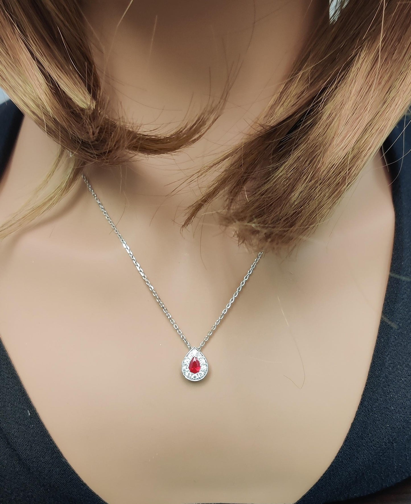 Natural Pear Red Ruby and White Diamond .76 Carat TW Gold Drop Pendant