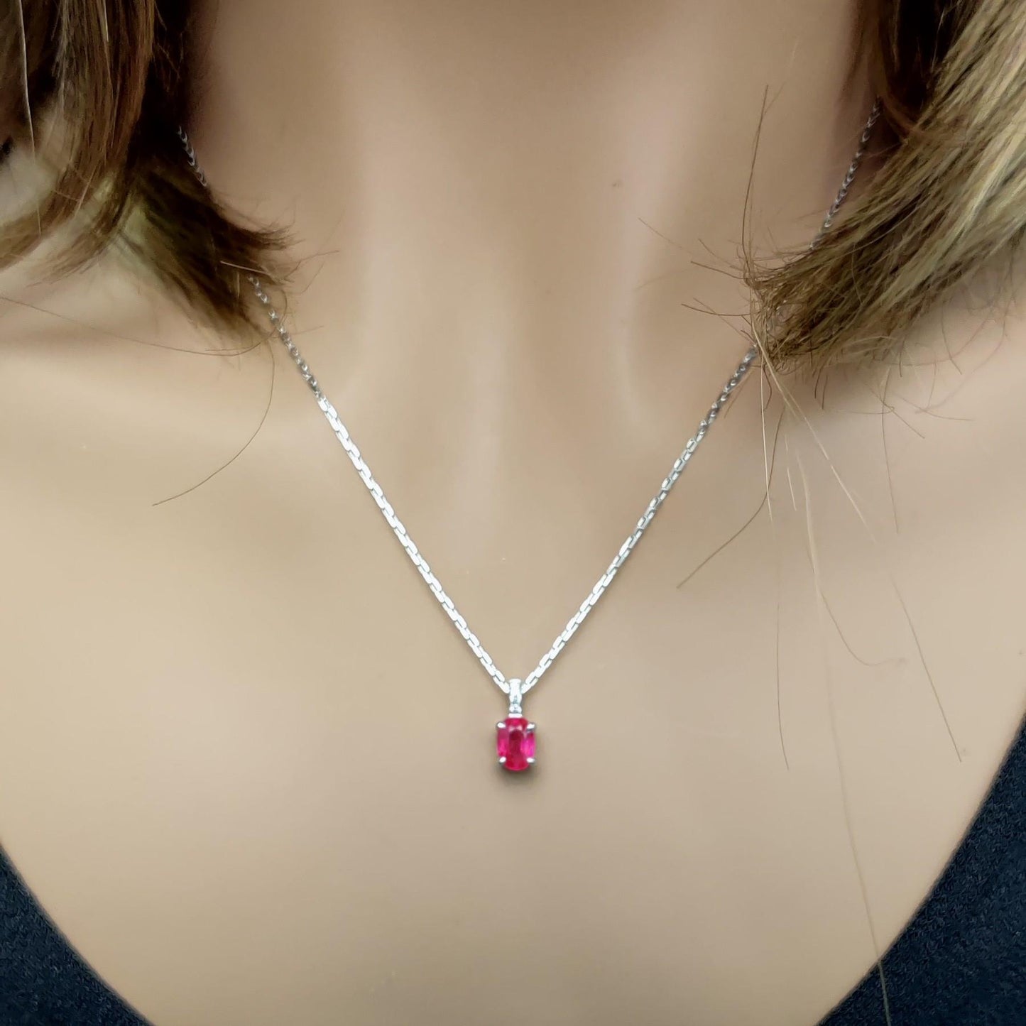 Natural Oval Red Ruby and White Diamond 0.92 Carat TW Gold Drop Pendant