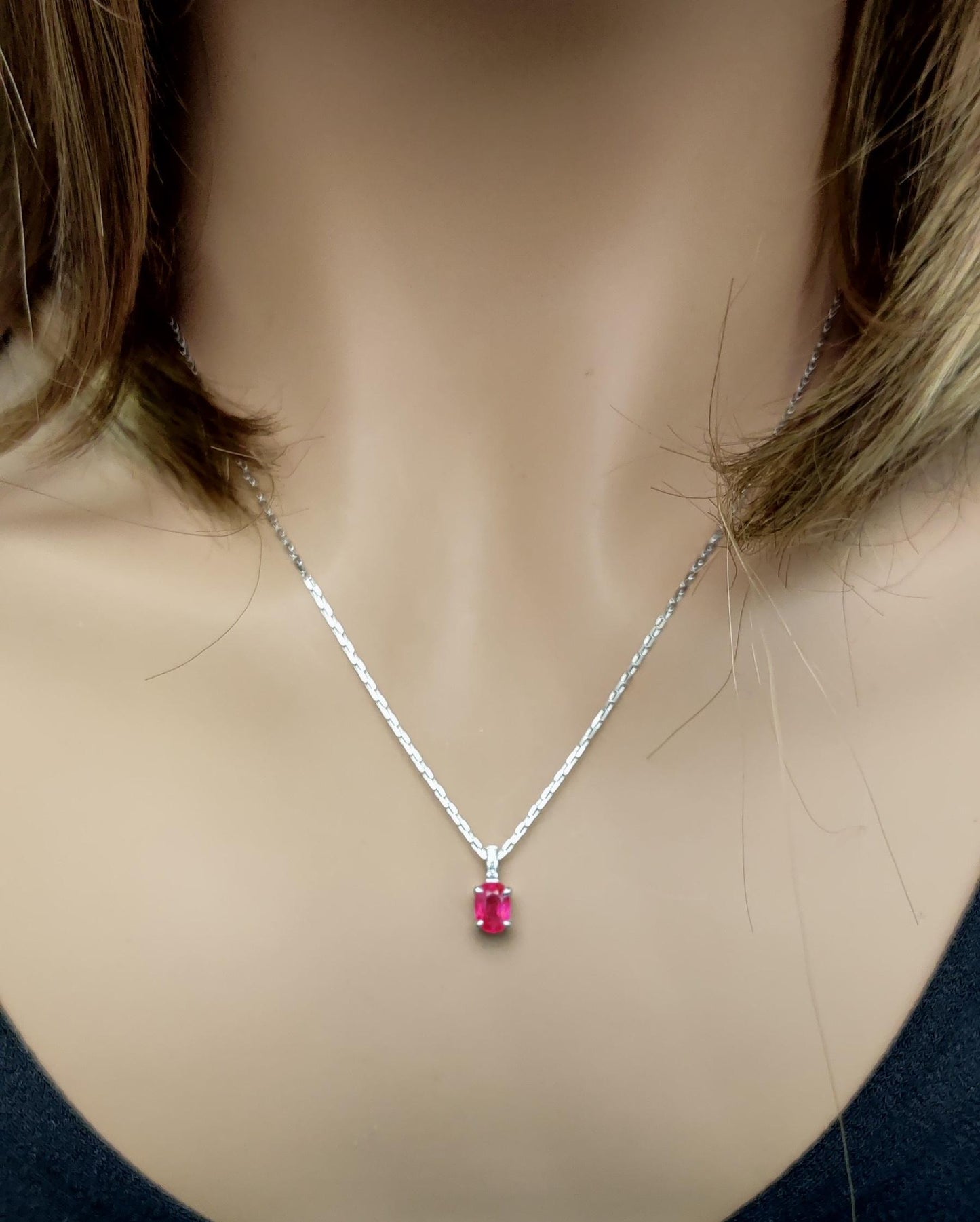 Natural Oval Red Ruby and White Diamond .92 Carat TW Rose Gold Pendant