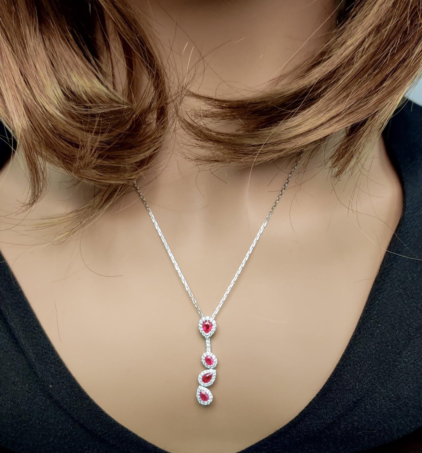 Natural Red Ruby and White Diamond 1.47 Carat TW Gold Drop Pendant