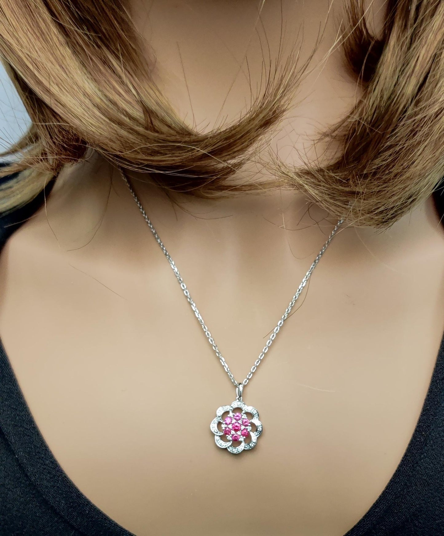 Natural Round Red Ruby and White Diamond 0.77 Carat TW Gold Drop Pendant