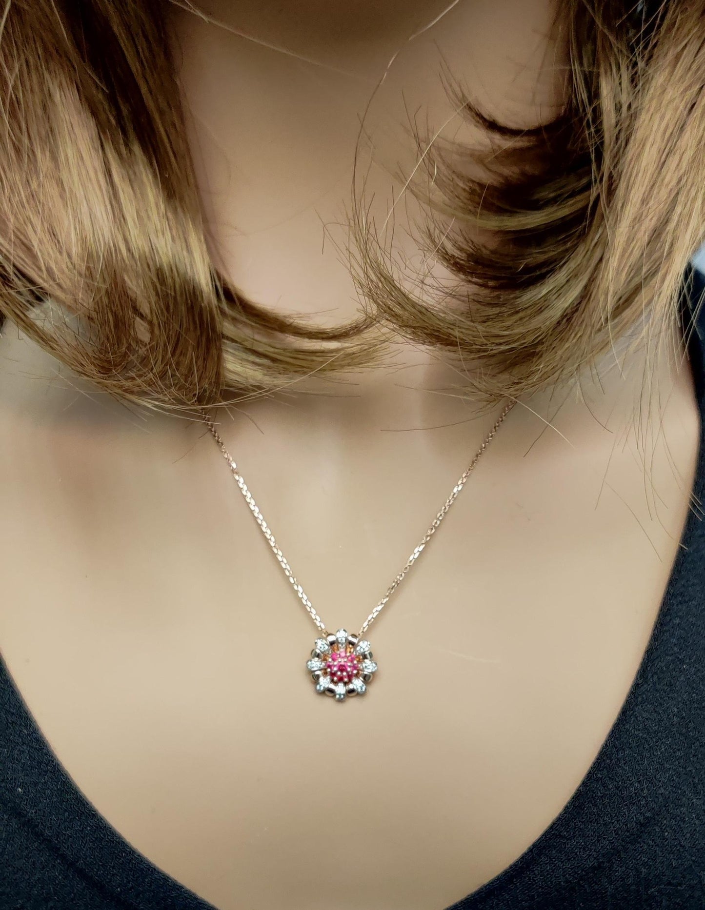 Natural Round Red Ruby and White Diamond .31 Carat TW Rose Gold Pendant
