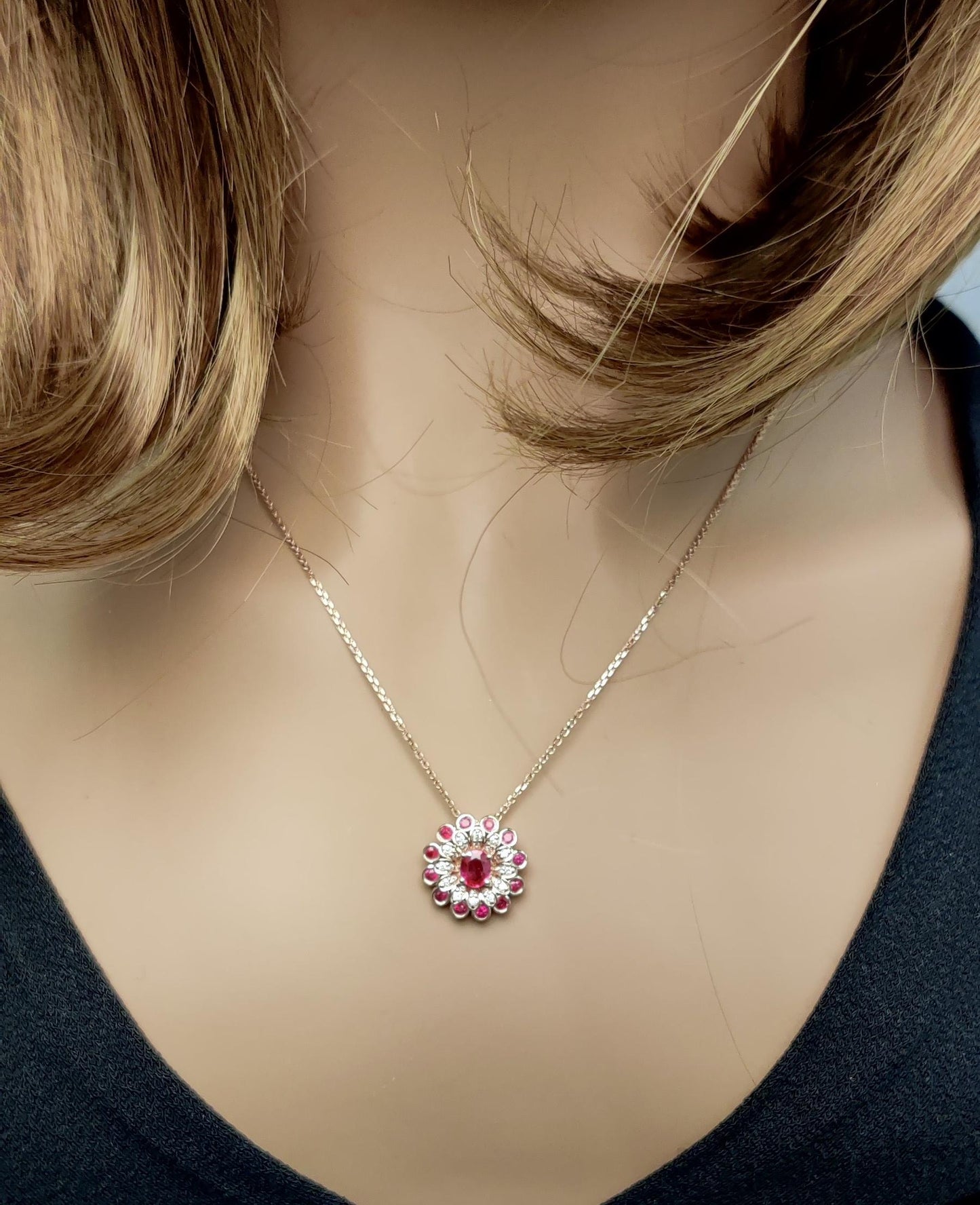 Natural Oval Red Ruby and White Diamond 0.89 Carat TW Gold Drop Pendant