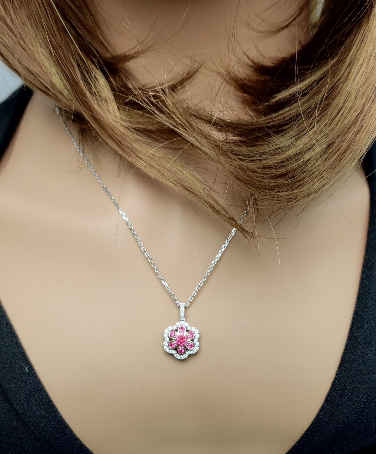 Natural Round Red Ruby and White Diamond .77 Carat TW Gold Drop Pendant