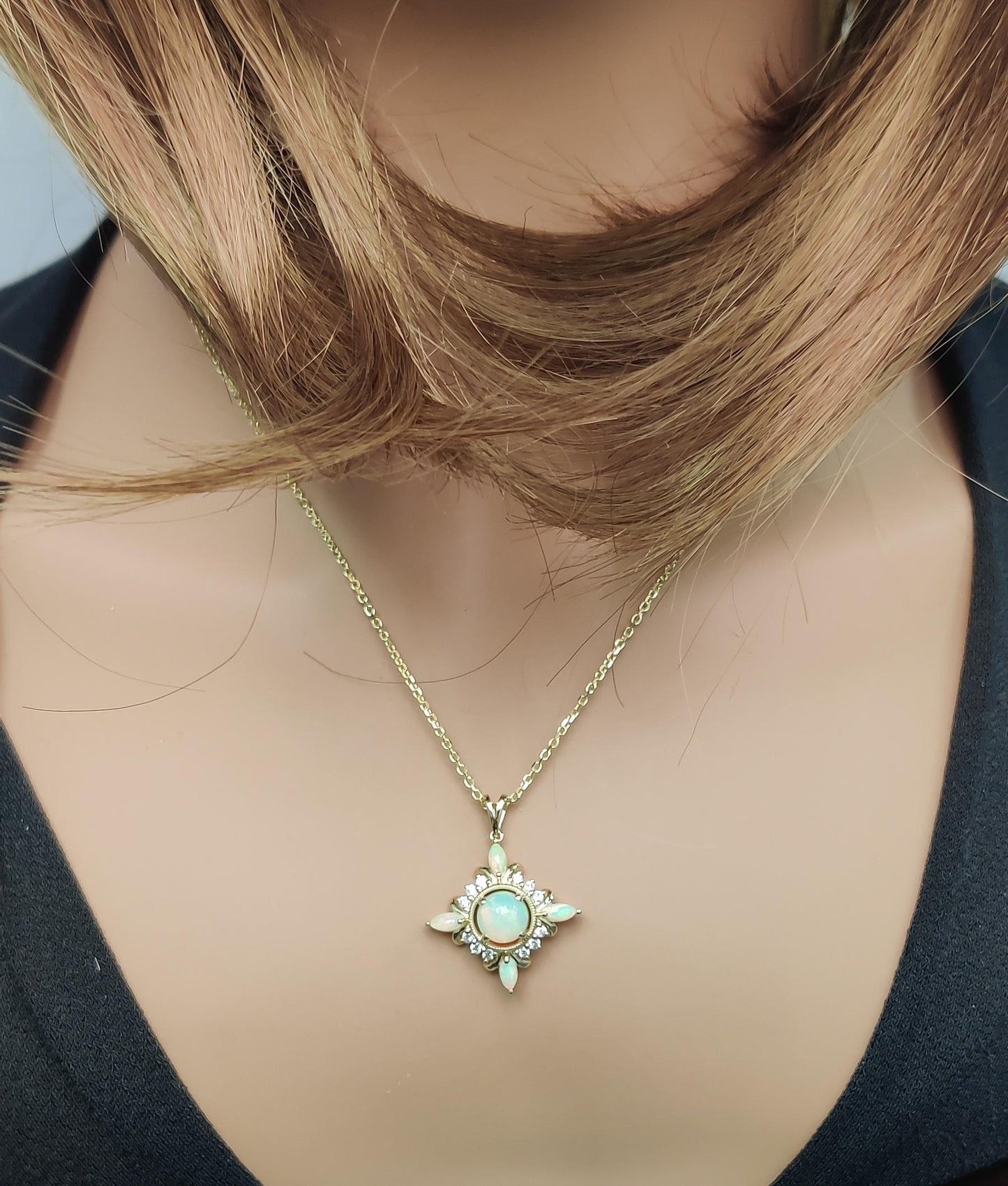 Natural Opal and White Diamond 1.91 Carat TW Gold Drop Pendant
