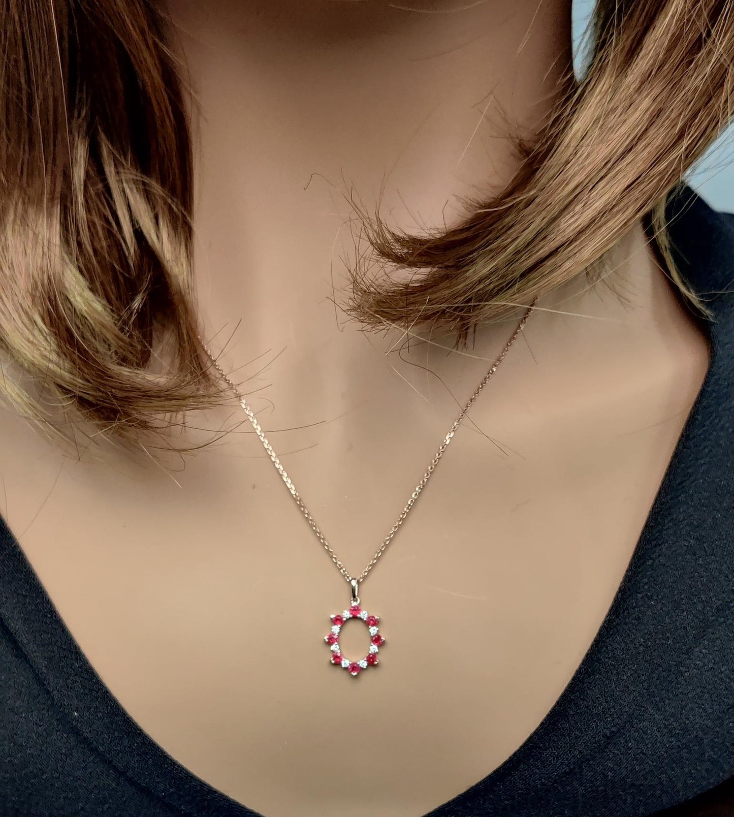Natural Round Red Ruby and White Diamond .70 Carat TW Rose Gold Pendant