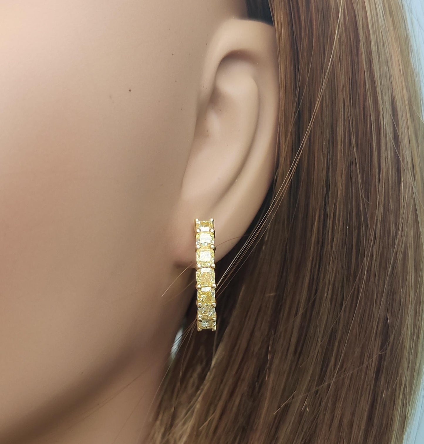 Natural Yellow Cushion Diamond 3.19 Carat TW Yellow Gold Hoop Earrings