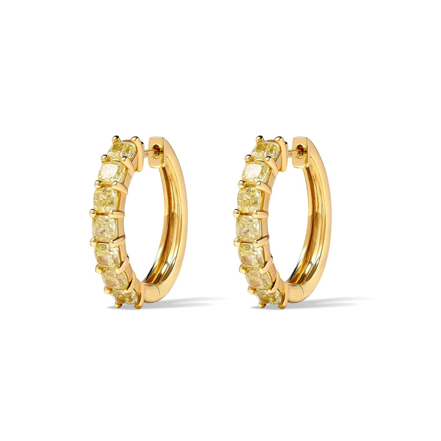 Natural Yellow Cushion Diamond 3.19 Carat TW Yellow Gold Hoop Earrings