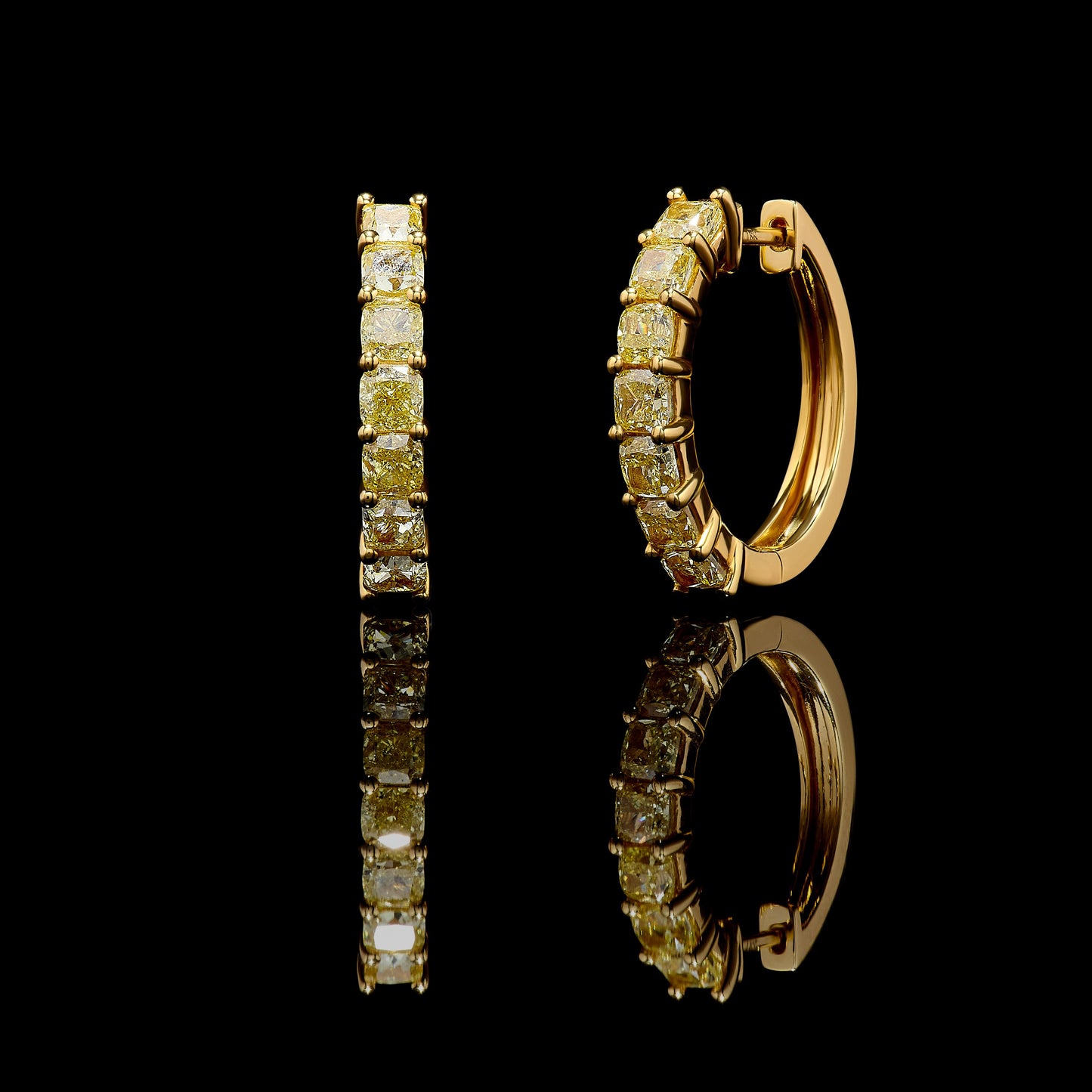 Natural Yellow Cushion Diamond 3.19 Carat TW Yellow Gold Hoop Earrings