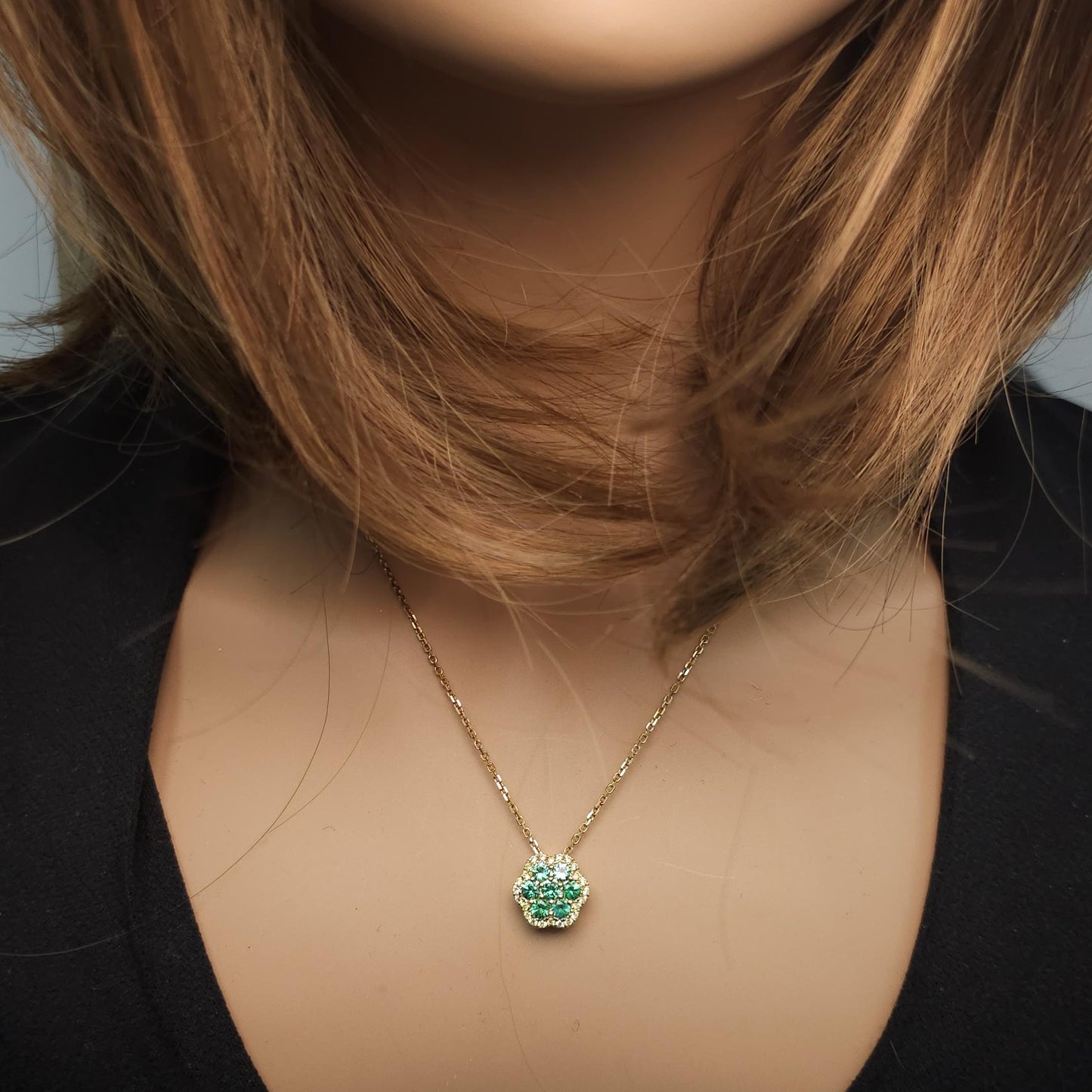Natural Round Emerald and Yellow Diamond .78 Carat TW Gold Drop Pendant