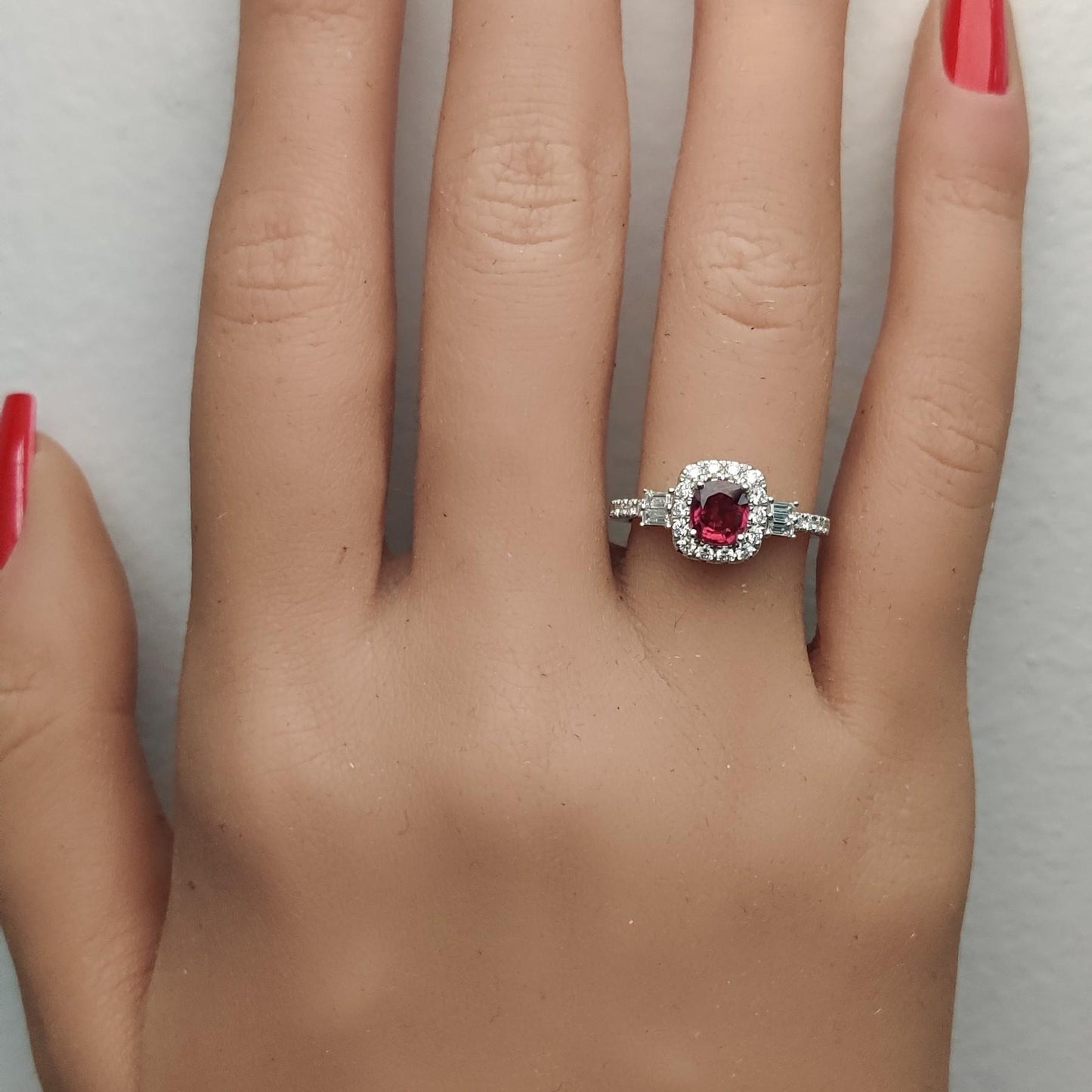 Natural Red Cushion Ruby and White Diamond 1.25 Carat TW Gold Cocktail Ring
