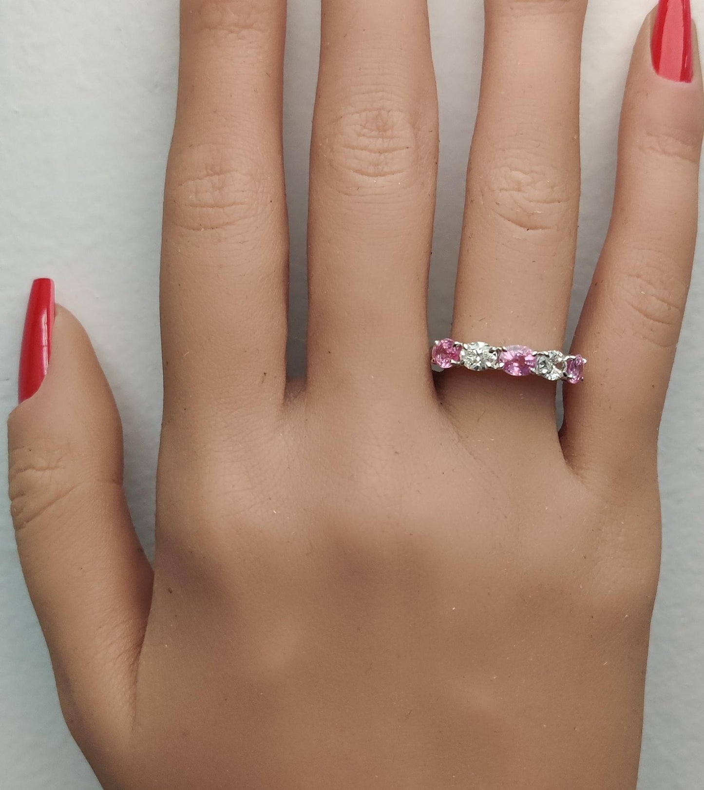 Natural Pink Oval Sapphire and White Diamond 1.97 Carat TW Gold Wedding Band