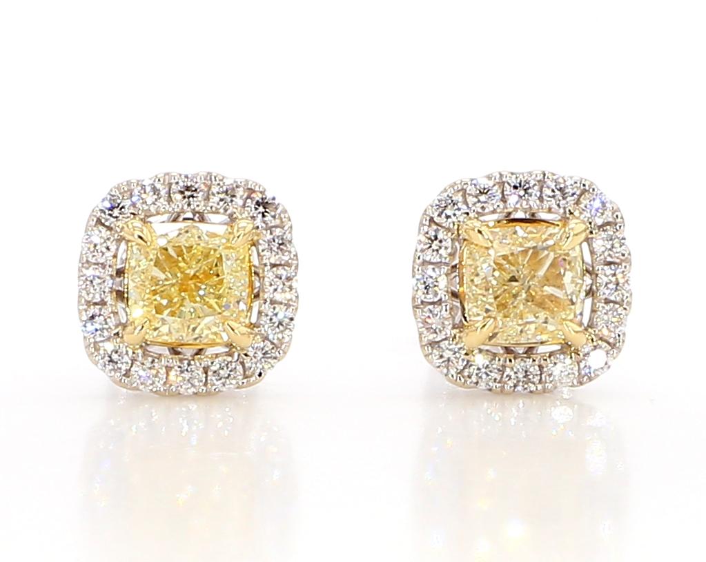 Natural Yellow Cushion and White Diamond 1.74 Carat TW Gold Stud Earrings