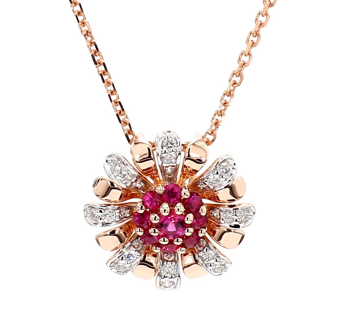 Natural Round Red Ruby and White Diamond .31 Carat TW Rose Gold Pendant