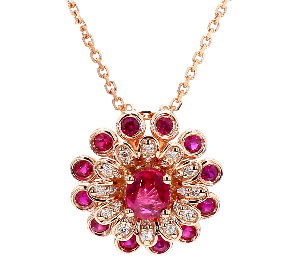 Natural Oval Red Ruby and White Diamond 0.89 Carat TW Gold Drop Pendant