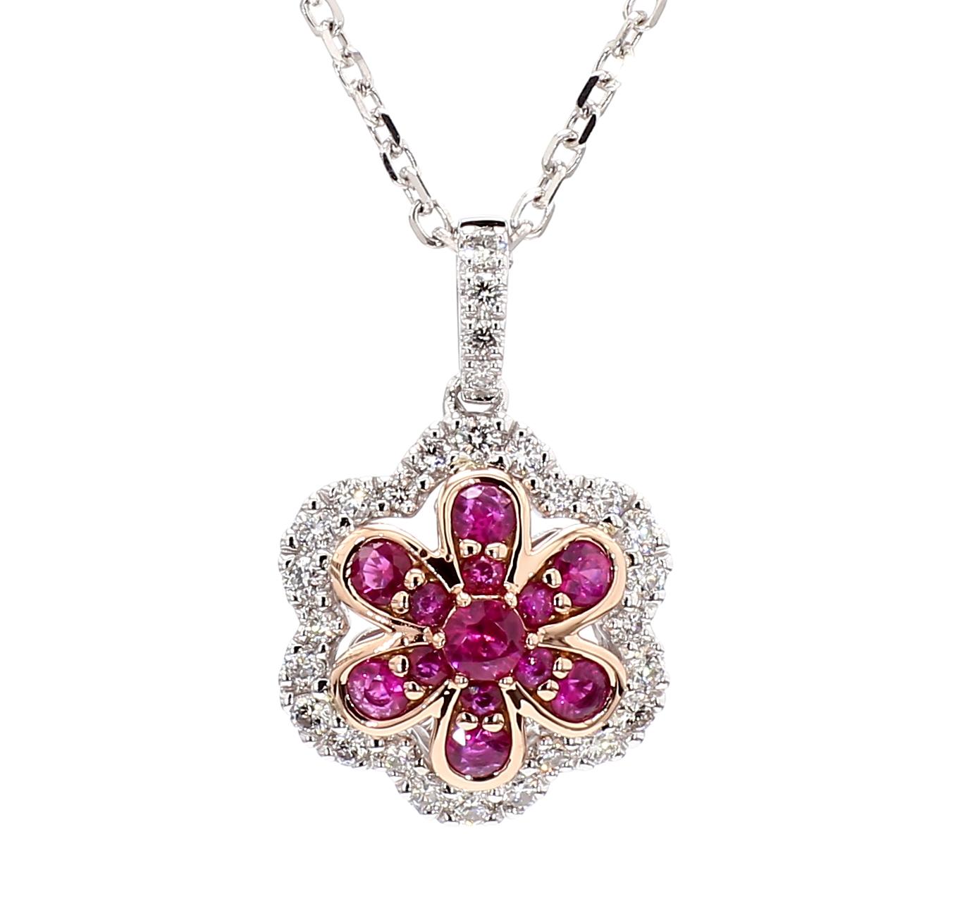 Natural Round Red Ruby and White Diamond .77 Carat TW Gold Drop Pendant