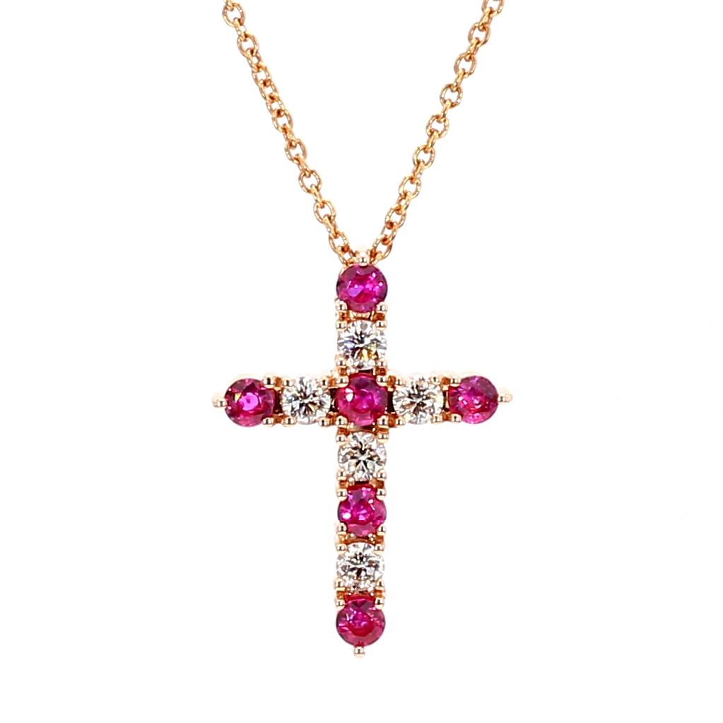 Natural Round Red Ruby and White Diamond .83 Carat TW Rose Gold Pendant