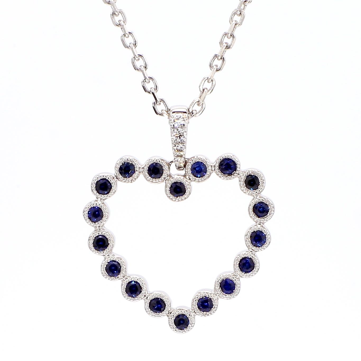 Natural Blue Round Sapphire and White Diamond 0.37 Carat TW Gold Drop Pendant