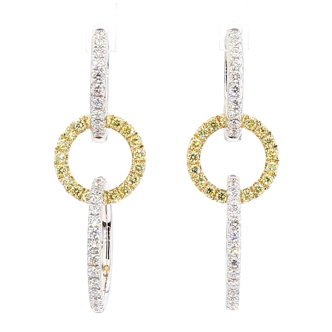 Natural Yellow Round and White Diamond .98 Carat TW Gold Drop Earrings