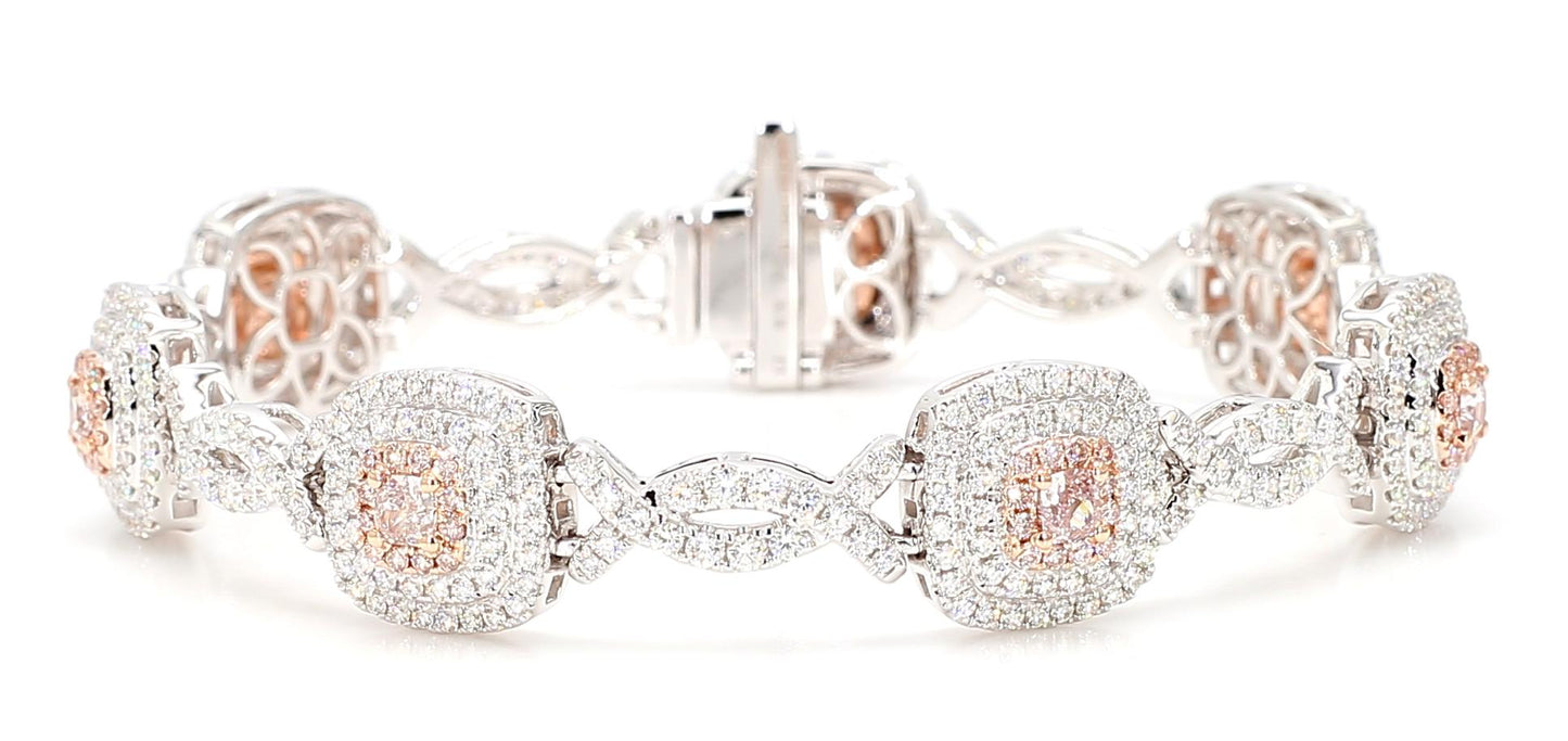 GIA Certified Natural Pink Cushion Diamond 4.59 Carat TW Gold Tennis Bracelet