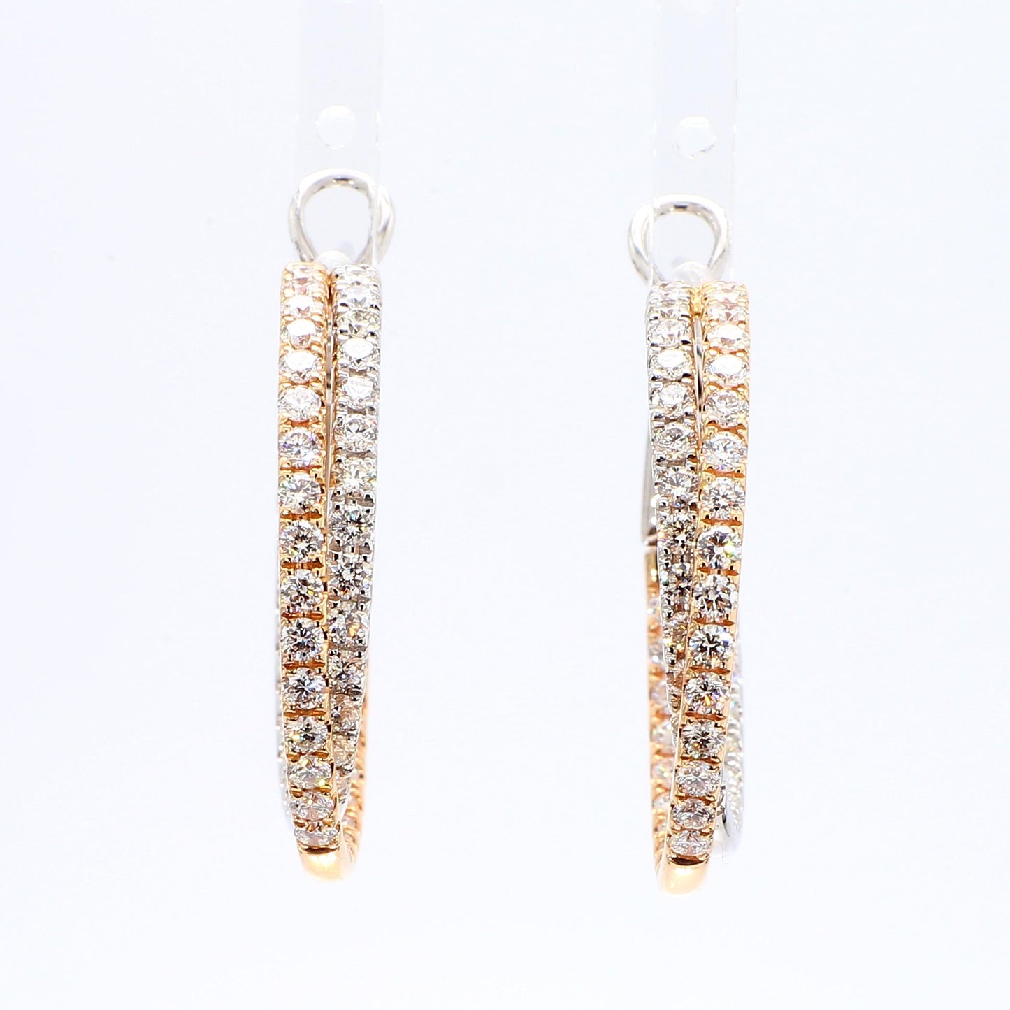 Natural White Round Diamond 2.61 Carat TW Rose Gold Hoop Earrings