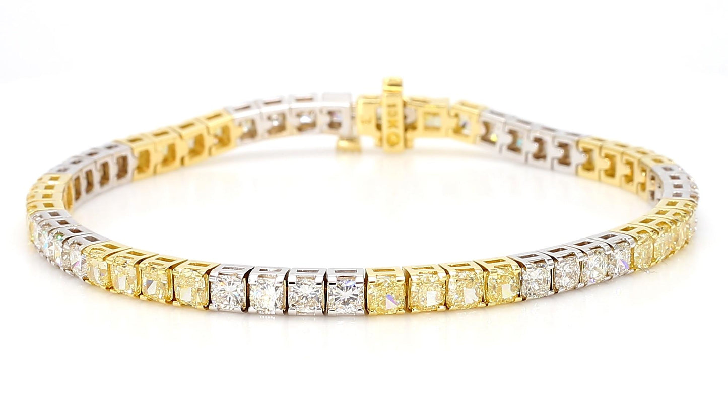 Natural Yellow Cushion and White Diamond 9.47 Carat TW Gold Tennis Bracelet