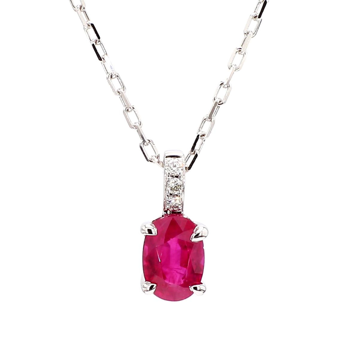 Natural Oval Red Ruby and White Diamond 0.92 Carat TW Gold Drop Pendant