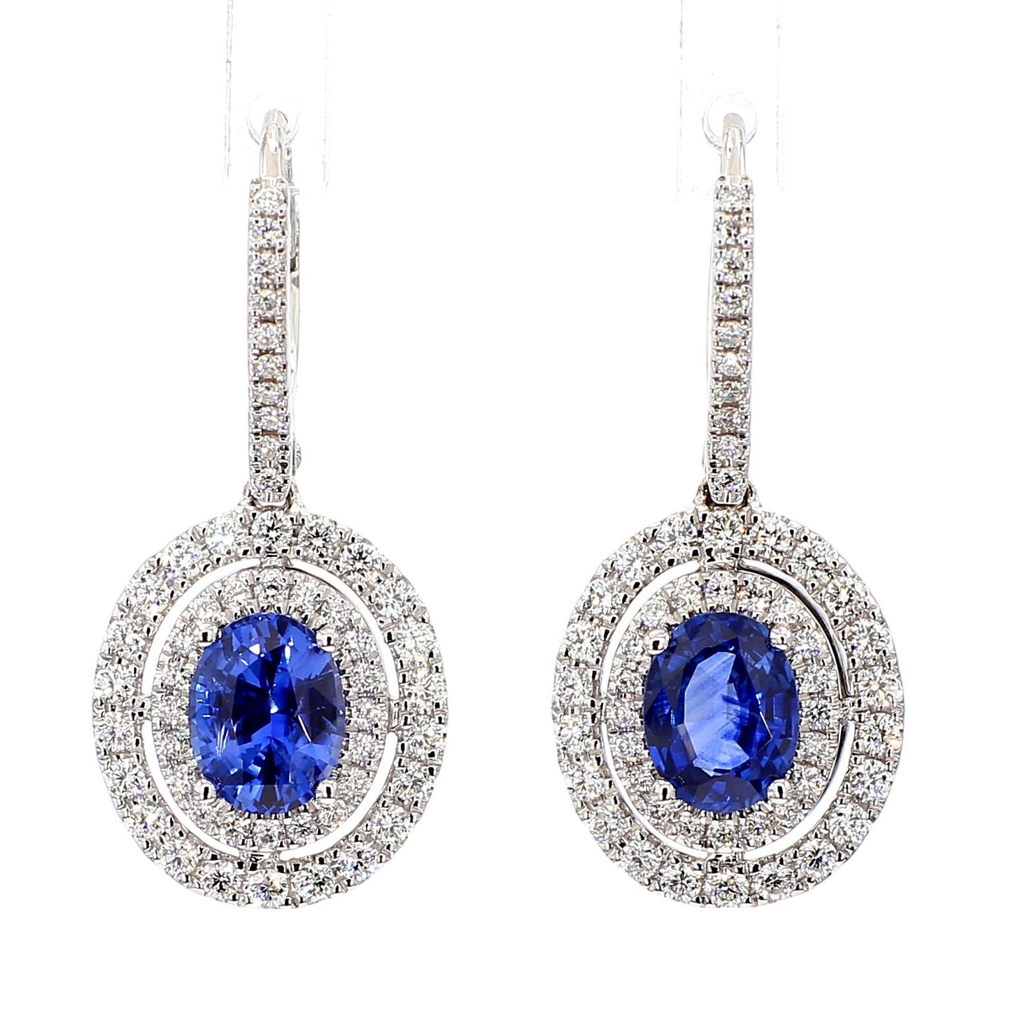 Natural Blue Oval Sapphire and White Diamond 2.97 Carat TW Gold Drop Earrings