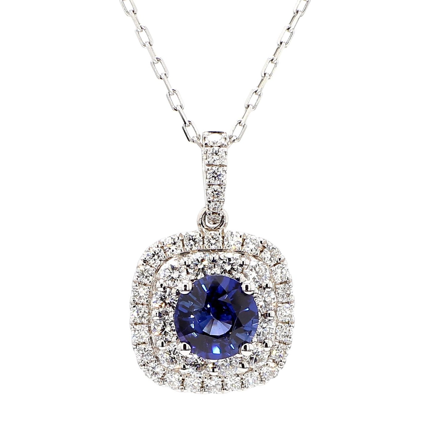 Natural Blue Round Sapphire and White Diamond 2.54 Carat TW Gold Drop Pendant
