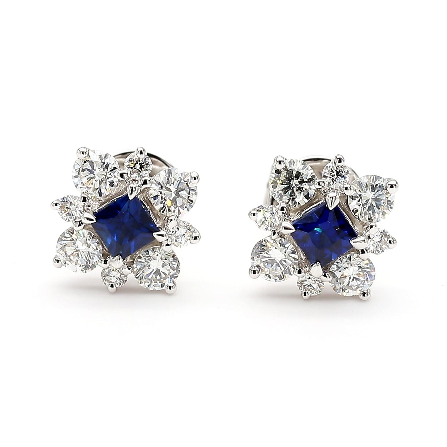 Natural Blue Princess Sapphire and Diamond 1.28 Carat TW Gold Stud Earrings