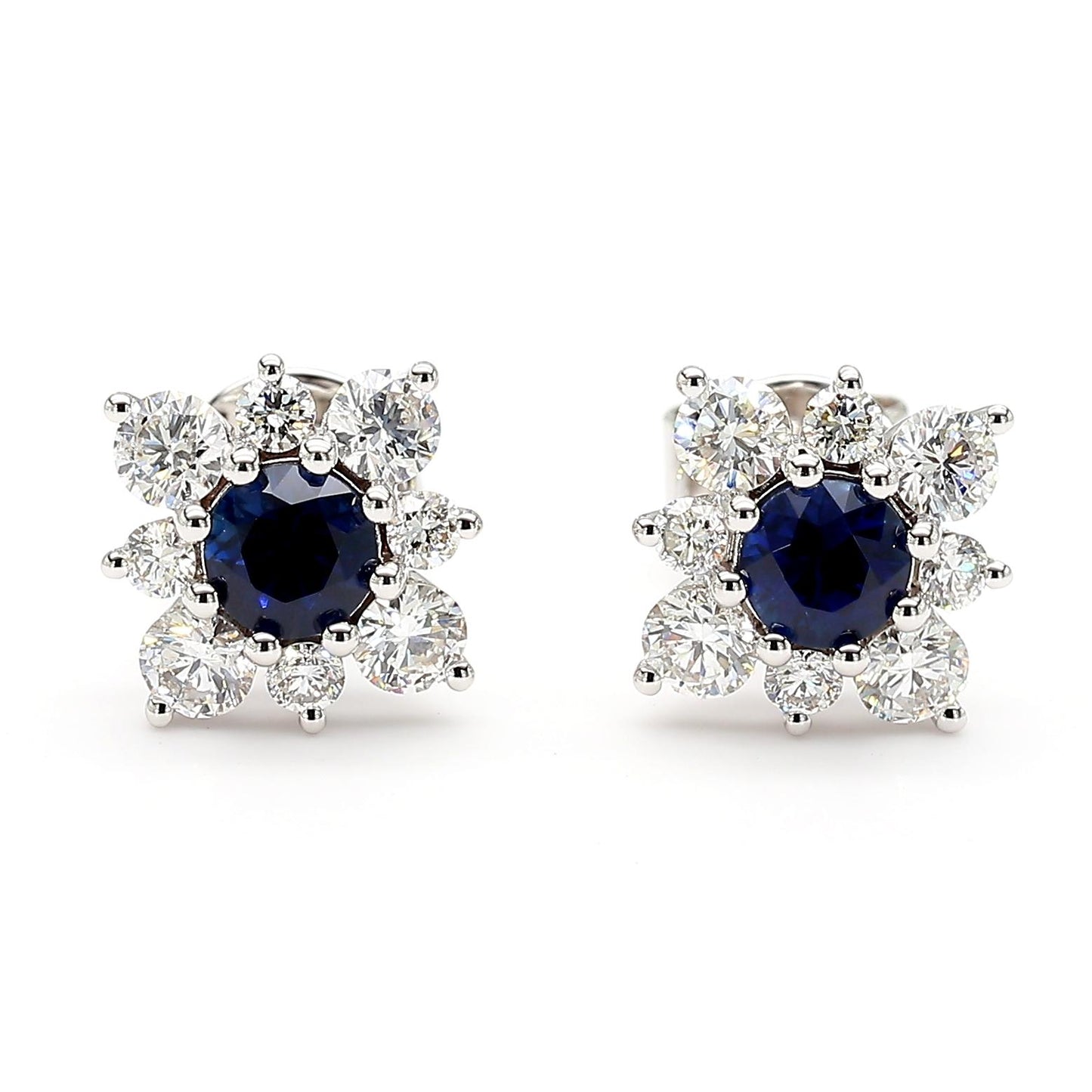 Natural Blue Round Sapphire and Diamond 1.51 Carat TW Gold Stud Earrings