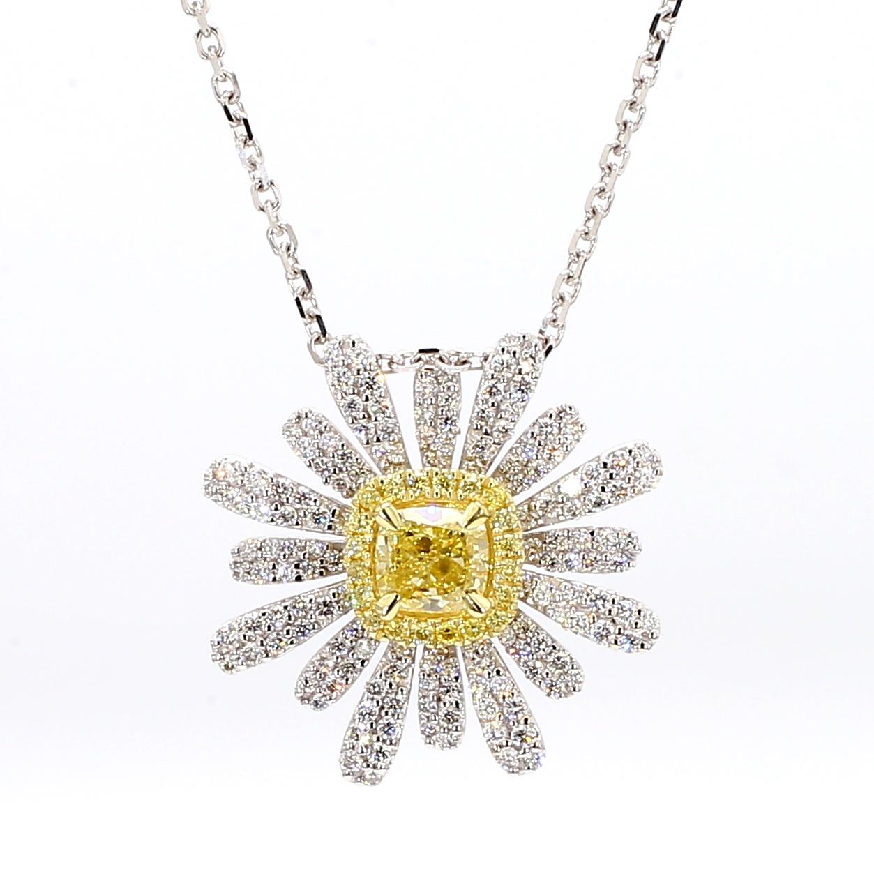 GIA Certified Fancy Yellow Cushion Diamond 1.50 Carat TW Gold Drop Pendant