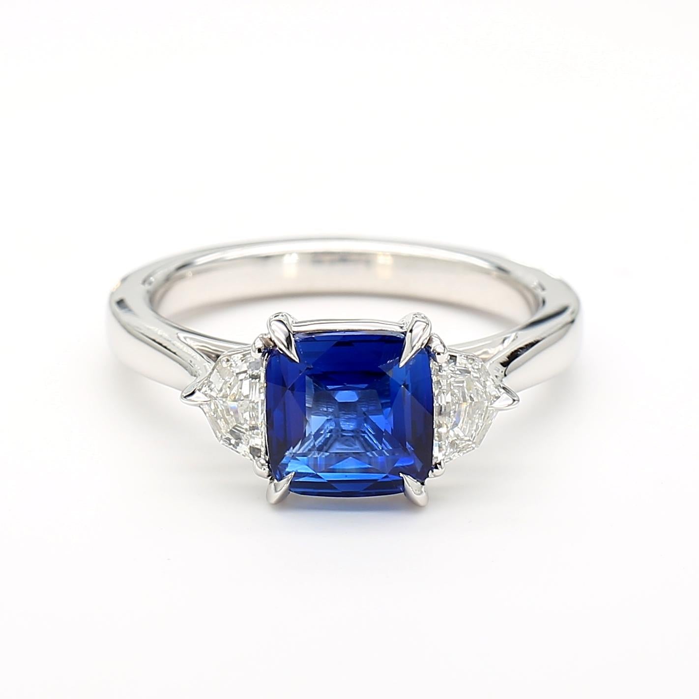 GIA Certified Blue Cushion Sapphire and White Diamond 2.40 Carat TW Gold Ring