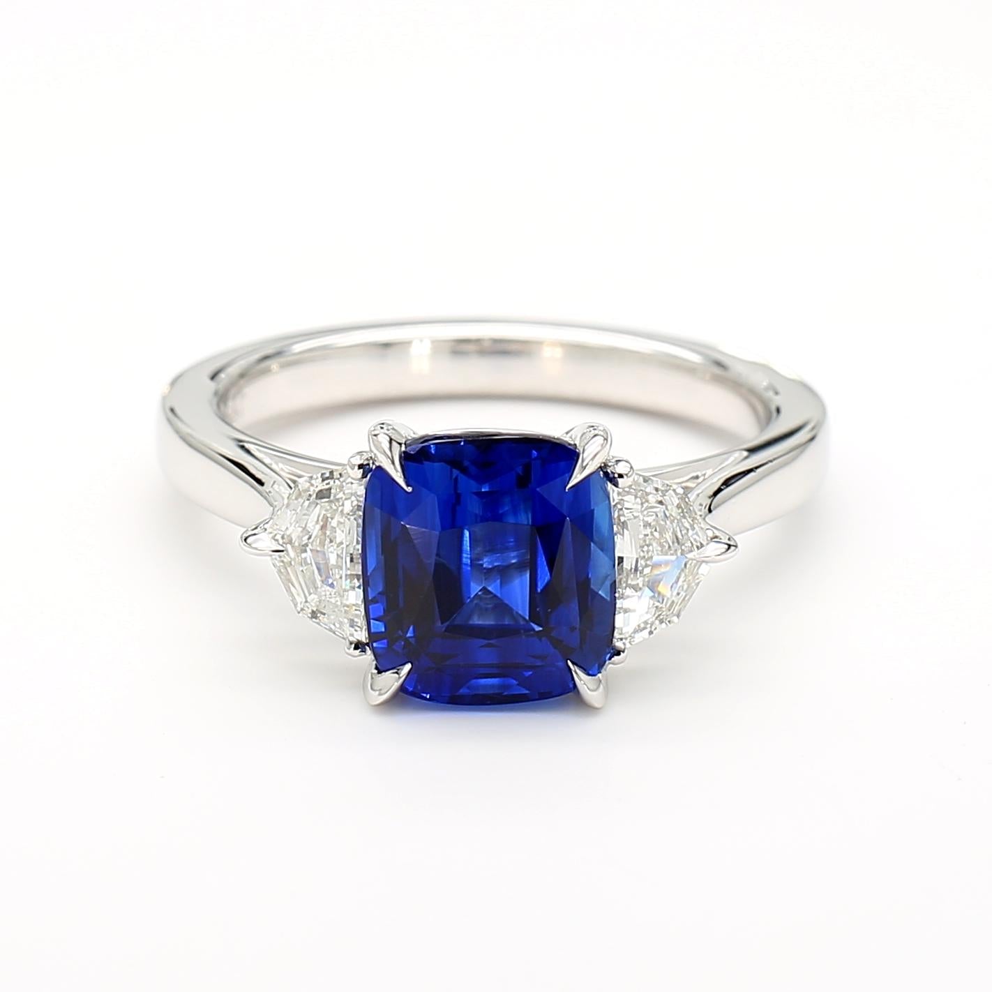 GIA Certified Deep Blue Cushion Sapphire and White Diamond 3.43 CT TW Gold Ring