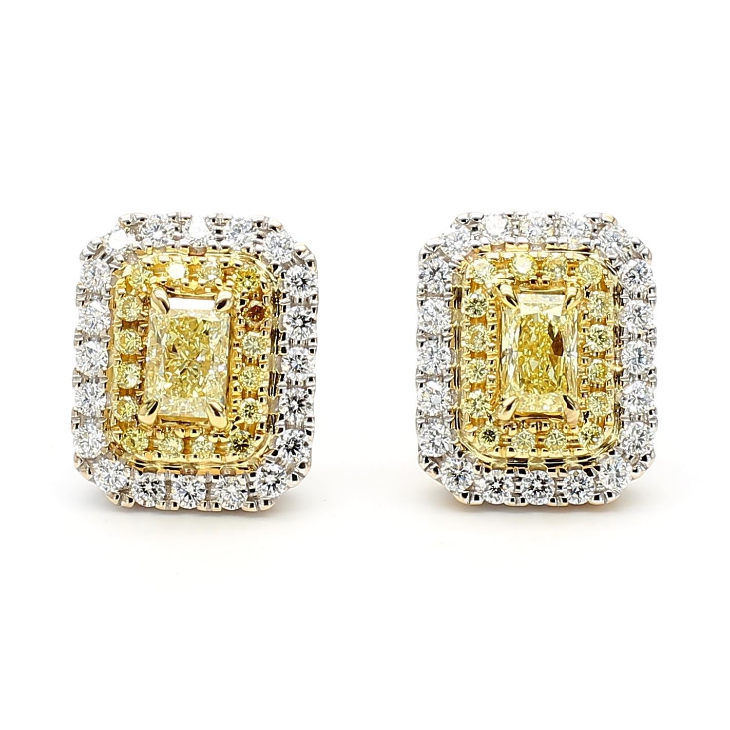 GIA Certified Natural Yellow Radiant Diamond 1.38 Carat TW Gold Stud Earrings
