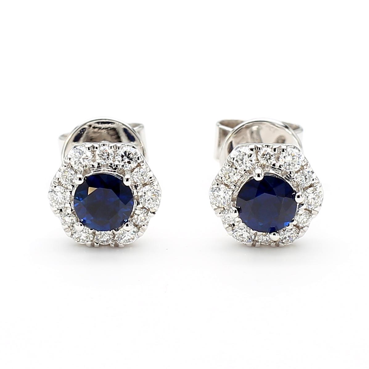 Natural Blue Round Sapphire and Diamond 0.97 Carat TW Gold Stud Earrings