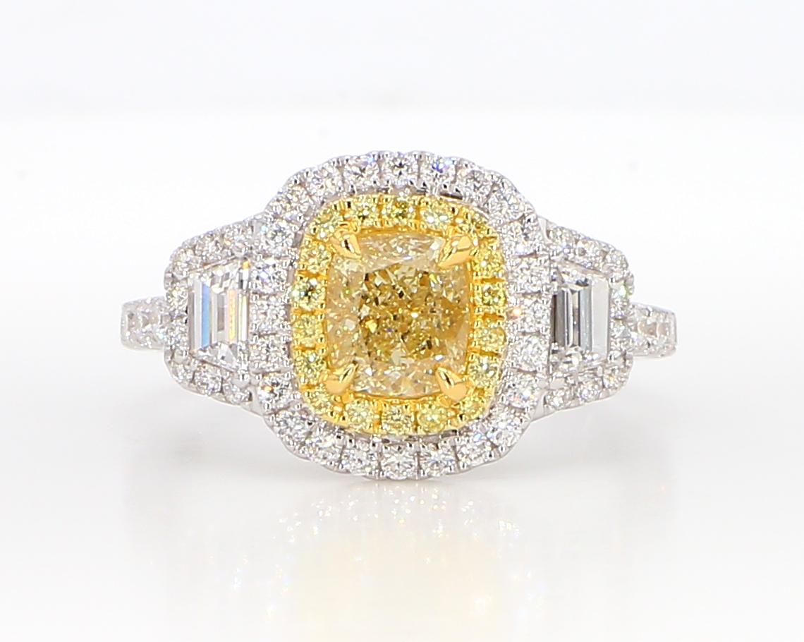 GIA Certified Natural Yellow Cushion Diamond 2.10 Carat TW Gold Cocktail Ring