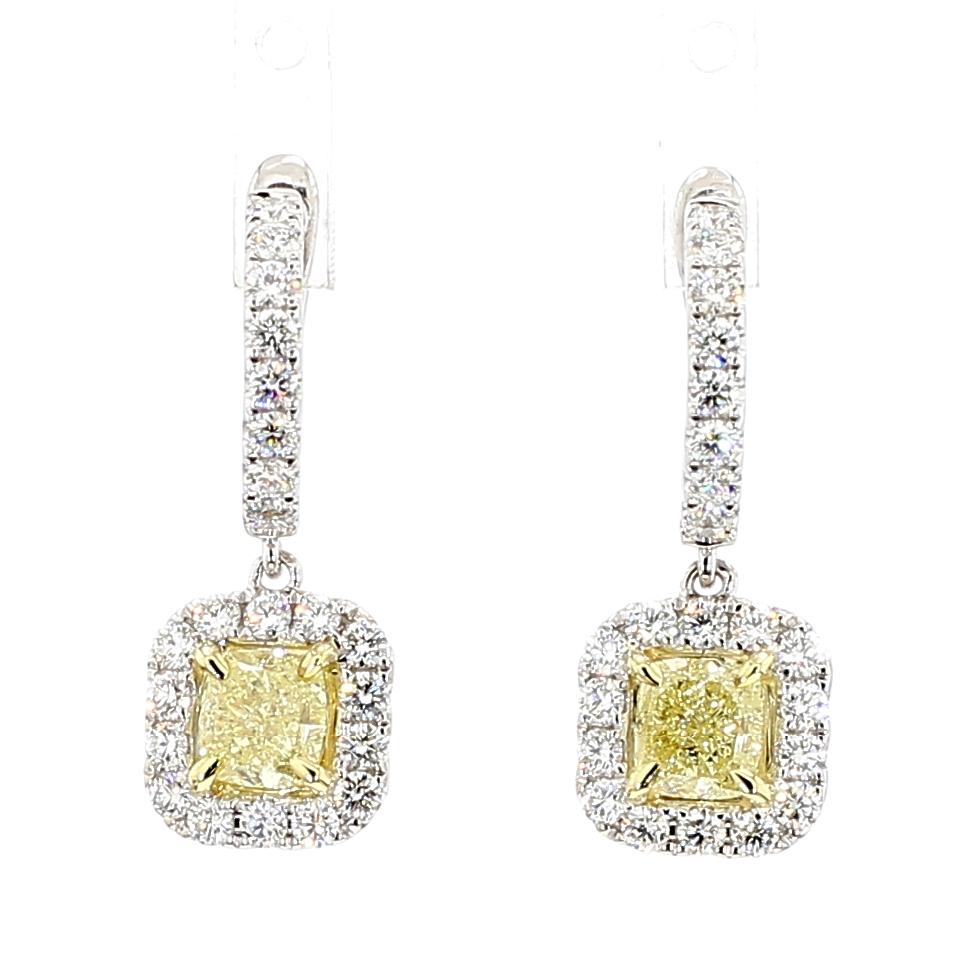 GIA Certified Natural Yellow Cushion Diamond 2.67 Carat TW Gold Drop Earrings